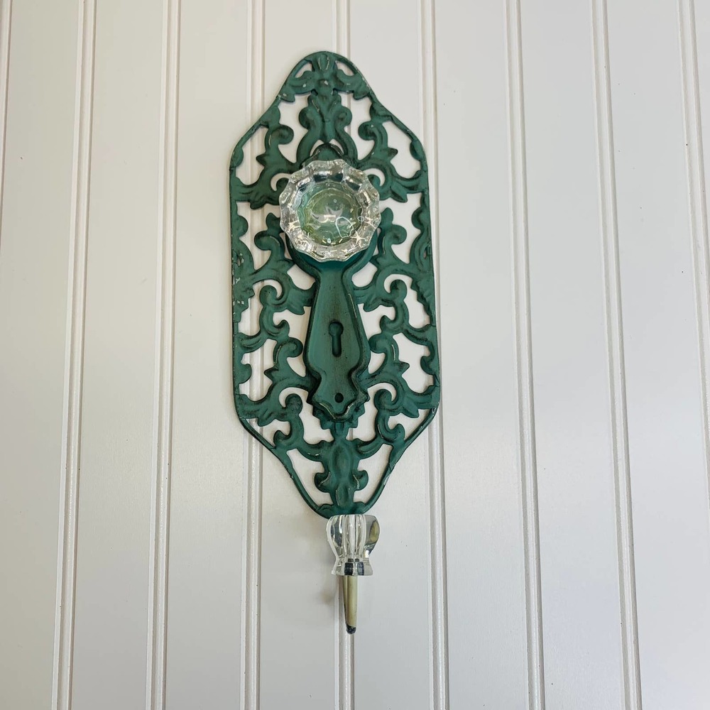 Green Metal Glass Wall Hook Shabby Chic Cottage Retro